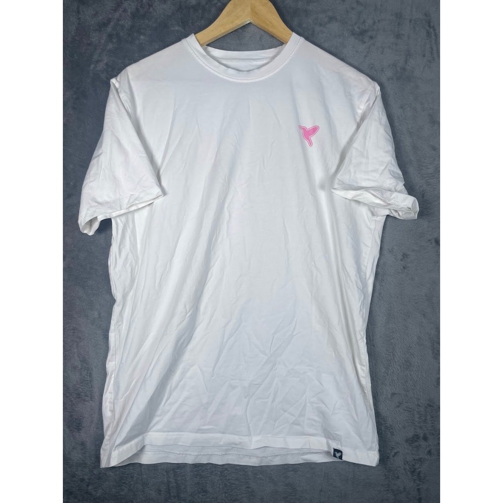 Birddogs Mens Large White Graphic T-Shirt Pink Hummingbird Tropical Back Logo